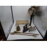 Brass items including bell and iron with stand and a carriage lamp