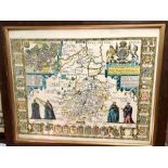 Framed coloured map of Cambridgeshire 21 x 17 inches
