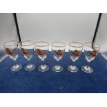 6 sherry glasses with pheasants and gilded rim