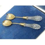 glass handled, silver plates serving spoon and fork