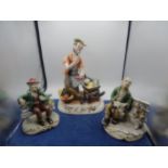 3 figurines including capodimonte blacksmith (crack on base