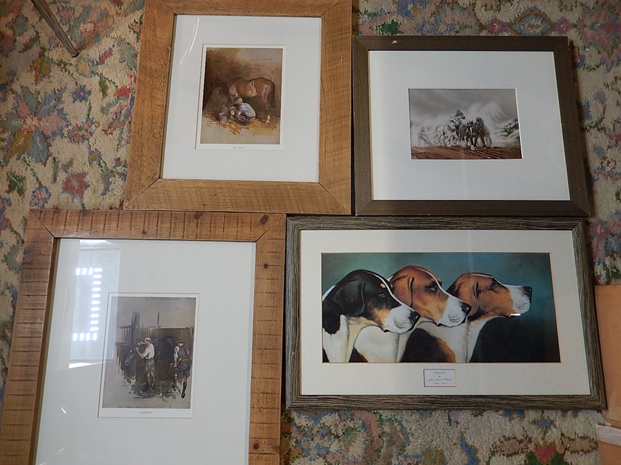 4 framed prints, 3 of horses 21x16 (print only not including mount or frame) and 1 of foxhounds