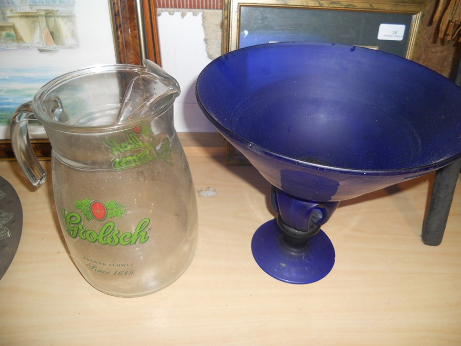 Grolsch Jug 9 inches tall and blue glass pedestal dish ( chipped on rim ) 9 inches tall