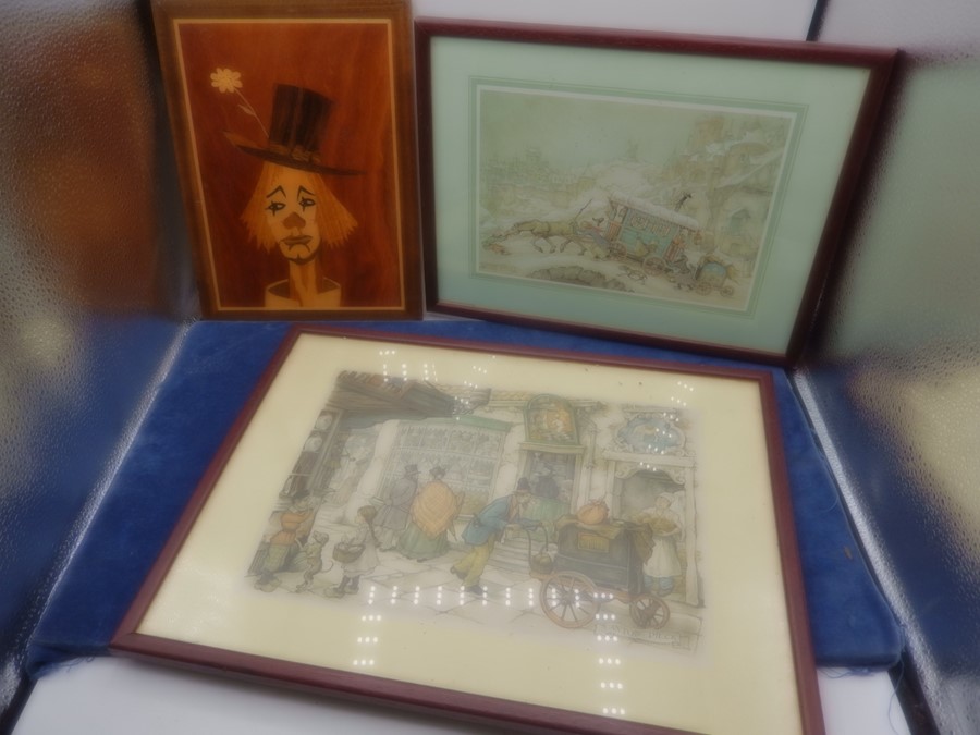 3 pictures 2 depicting travelling living wagon, street scene and 1 wooden clown