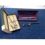 sheaffer pencil. queensway fountain pen and cased compass/pencil- pen divider