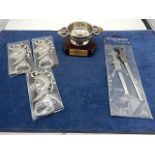 1 pewter quaich with stand (stone missing) 3 knights bottle openers and 2 celtic cross style