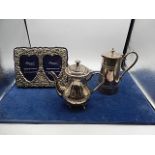 silver plated photo frame (as found) and silver plated tankard and teapot