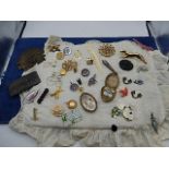collection of badges, 2 Indian belt buckles, set 3 plated spoons
