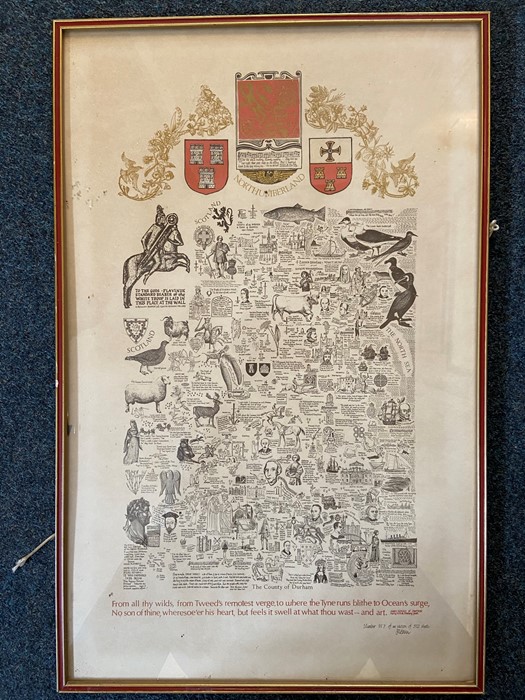Map of Northumberland framed 25" x 16" illustrated limited edition 357 of 502 sheets by J L Carr