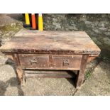 Vintage antique pine work bench / kitchen table with 2 drawers