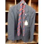 suit jacket with Royal Air Force Regiment material badge, veteran enamel badge and tie