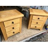 Pair of modern oak 3 draw bedside chests 55 cm wide 63 tall 42 deep