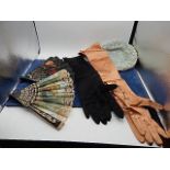 2 pairs of long satin dress gloves and 2 fans with small crochet bag