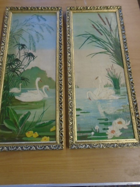 2 Oil on Board of Swans 17 1/2 x 6 1/2 inches