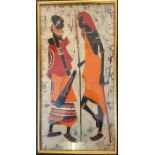 An abstract of an African lady carrying a basket painted on calico fabric signed bottom right,