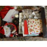 box of christmas items including little pottery nativity figures