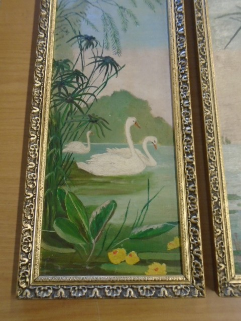 2 Oil on Board of Swans 17 1/2 x 6 1/2 inches - Image 2 of 3