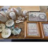 collection of farmhouse kitchen items includes glass chopping board, pictures, clock etc teapot is