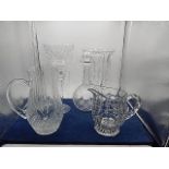 collection of pressed glass items to include pitcher jug, decanter (stopper broken on bottom)