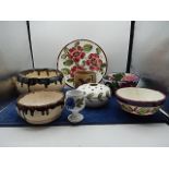 collection of painted pottery plate, dishes and an egg cup