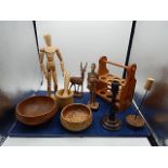 collection of treen to include carved man, moveable mannequin and decorated egg holder