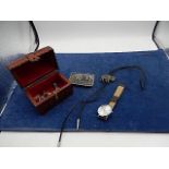 small wooden box with few jewellery items to include Buffalo belt buckle and necktie