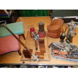a mixed lot of vintage collectables to include vintage tools, stool, sump heater, lantern etc