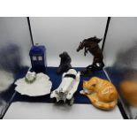 assorted figures to include cats and co cat, police box money box, bronzed horse etc