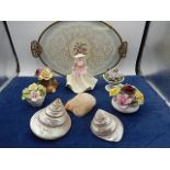 Coalport 'may ball' figure, china flowers inc Coalport and Aynsley, 2 shells, crystal rock and