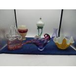 Decorative glass ornaments including signed Aladdin's style lamp, handkerchief vase etc