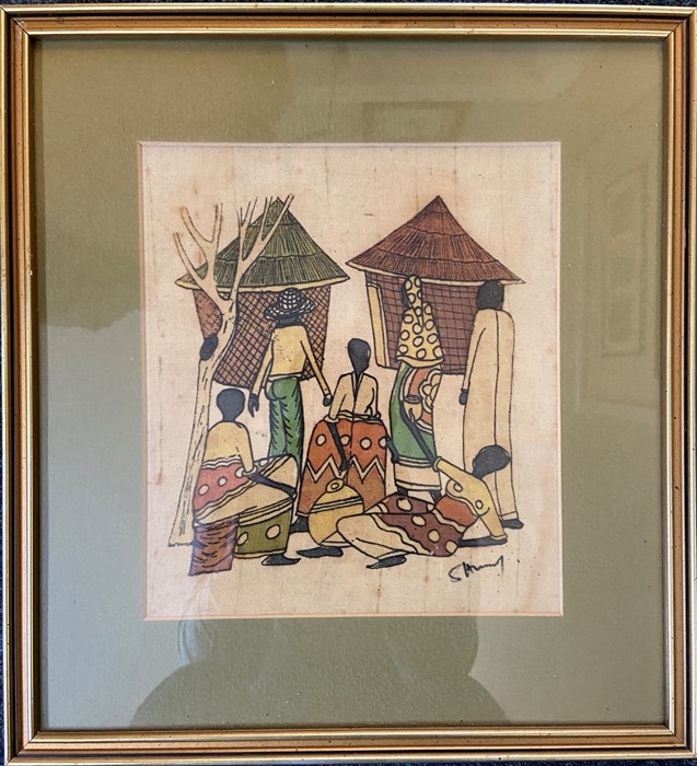 African village life study painted on linen signed bottom right, framed and glazed 36cm x 39cm