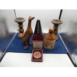 assorted items to include candlesticks, duck (broken leg) metronome (a/f) football medal