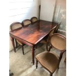 Rectangular extending dining table with one leaf. 6 reproduction ballon back chairs and 2 non