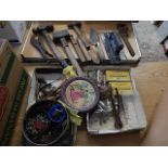 various workshop hand tools including lead hammer, 2 long, i small wood and brass spirit levels,