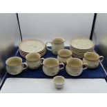 Denby china, 5 plates, 7 saucers, 5 mugs, sugar bowl (chipped) milk jug