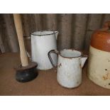 2 Vintage Enamelled Jugs , salt glazed pot and plunger