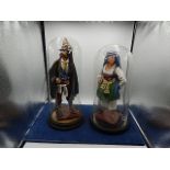 2 pirate figurines in glass taxidermy domes with wooden bases 17" tall