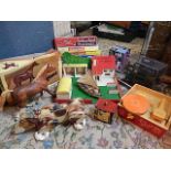 2 cases of retro toys to include Fisher price record player, snoopy dog, Breyer horse, puzzles (