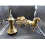 Brass horse and cart and a brass Arabian style dallah coffee pot