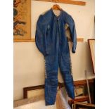 Blue 'Crowtree' full leather motorbike suit with netted liner, no size label