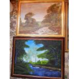 collection of framed art, watercolours and oil on board