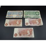 2 x £1 notes(1 blue, 1 green) Peppiatte and Beale plus 3 x 10 shilling notes