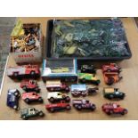collection of army soldiers/tanks etc, tin full of plastic animals and some Lledo toys
