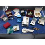 Box of assorted Costume Jewellery including silver bangle and cased Norfolk scissors