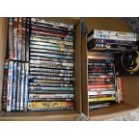 mixed lot of dvd's and box of odds and sods to include teknika stereo, teapots etc