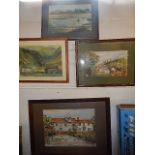 4 watercolours of the countryside and a watermill