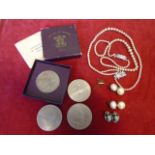 Mixed lot containing jewellery and coins to incl necklaces (1 a/f) and earrings plus Festival of