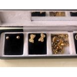 Box of Assorted Earrings one pair gold some yellow metal