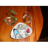 2 Glass Swan Dishes and Retro Ceramic Pin Dish