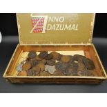 A cigar box of approx 80 mainly victorian old pennies and others inc some modern copper and a coin